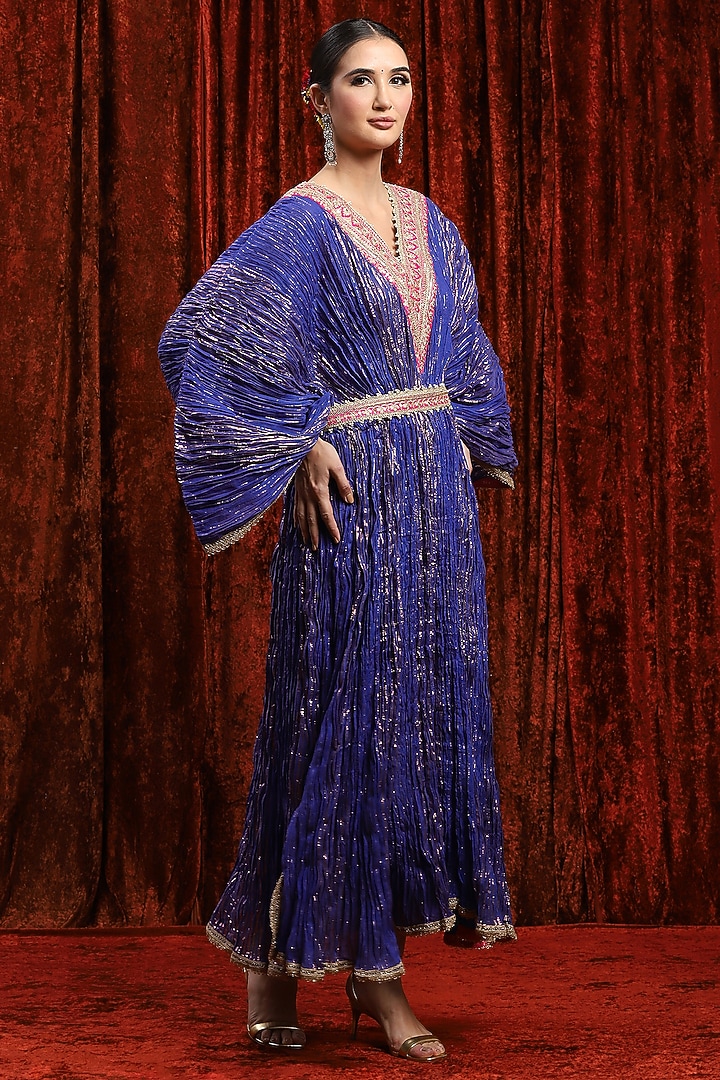 Electric Blue & Rani Pink Lurex Cotton Badla Work Kaftan With Belt by Shikhar Sharma at Pernia's Pop Up Shop
