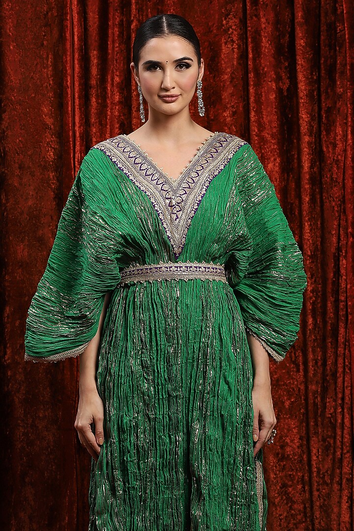 Green & Purple Lurex Cotton Badla Work Kaftan With Belt by Shikhar Sharma at Pernia's Pop Up Shop
