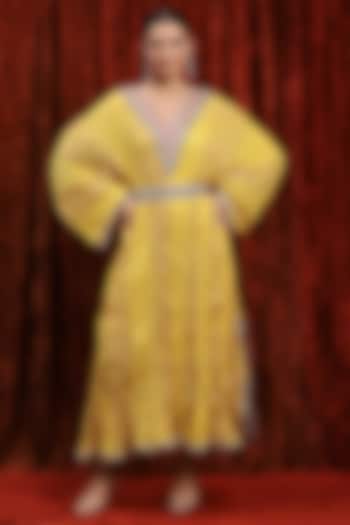 Lemon Yellow & Rani Pink Lurex Cotton Badla Work Kaftan With Belt by Shikhar Sharma at Pernia's Pop Up Shop