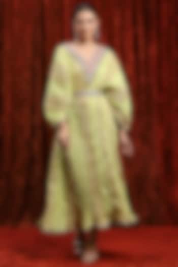 Light Pea Green & Rani Pink Lurex Cotton Badla Work Kaftan With Belt by Shikhar Sharma at Pernia's Pop Up Shop