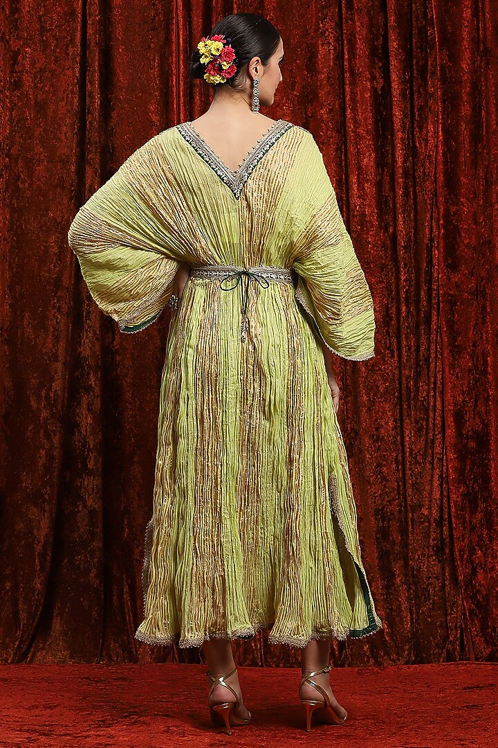 Light Pea Green & Rani Pink Lurex Cotton Badla Work Kaftan With Belt by Shikhar Sharma at Pernia's Pop Up Shop