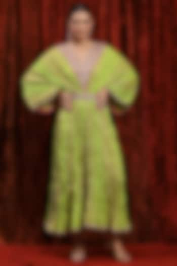 Dark Lemon Green & Rani Pink Lurex Cotton Badla Work Kaftan With Belt by Shikhar Sharma at Pernia's Pop Up Shop