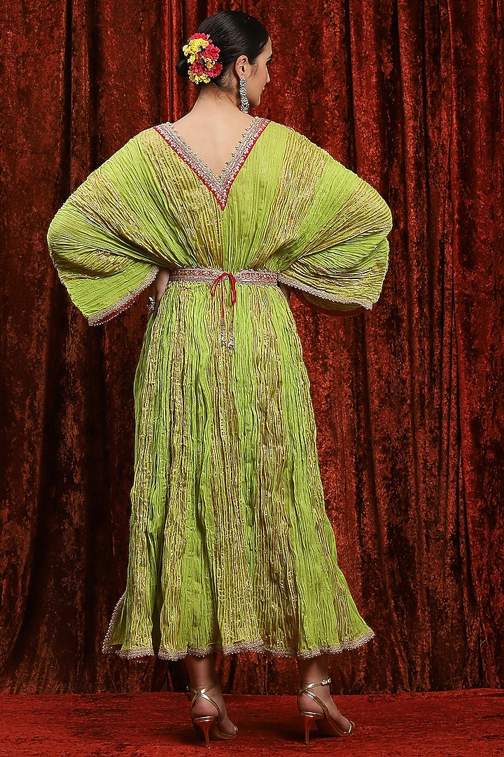 Dark Lemon Green & Rani Pink Lurex Cotton Badla Work Kaftan With Belt by Shikhar Sharma at Pernia's Pop Up Shop