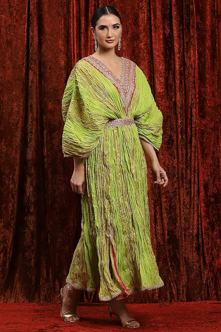Dark Lemon Green & Rani Pink Lurex Cotton Badla Work Kaftan With Belt by Shikhar Sharma at Pernia's Pop Up Shop