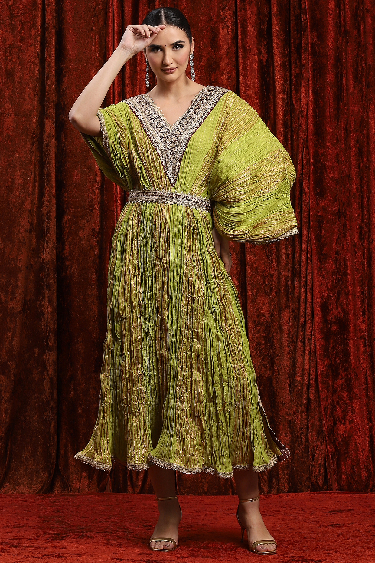 Lemon Green & Brown Lurex Cotton Badla Work Kaftan With Belt by Shikhar Sharma at Pernia's Pop Up Shop