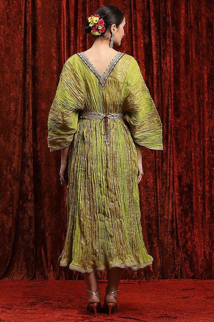 Lemon Green & Brown Lurex Cotton Badla Work Kaftan With Belt by Shikhar Sharma at Pernia's Pop Up Shop