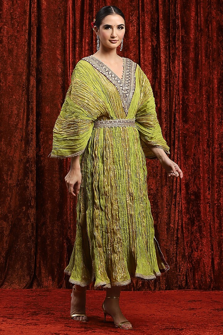 Lemon Green & Brown Lurex Cotton Badla Work Kaftan With Belt by Shikhar Sharma at Pernia's Pop Up Shop