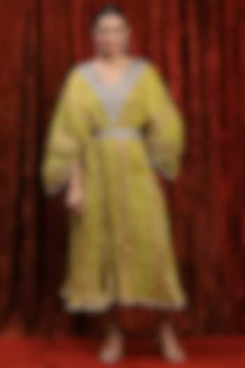 Lemon Green & Purple Lurex Cotton Badla Work Kaftan With Belt by Shikhar Sharma at Pernia's Pop Up Shop