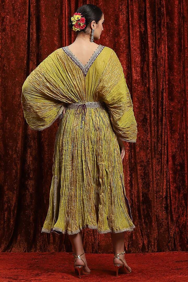 Lemon Green & Purple Lurex Cotton Badla Work Kaftan With Belt by Shikhar Sharma at Pernia's Pop Up Shop