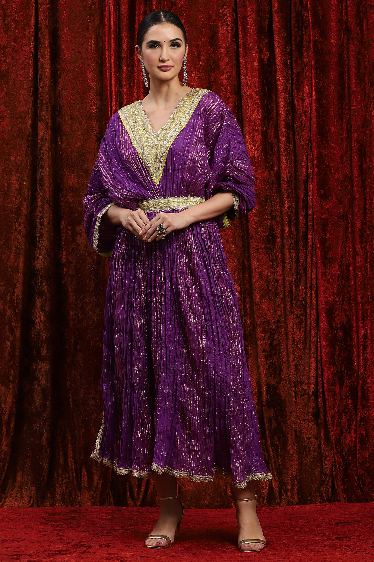 Purple & Lemon Green Lurex Cotton Badla Work Kaftan With Belt by Shikhar Sharma at Pernia's Pop Up Shop