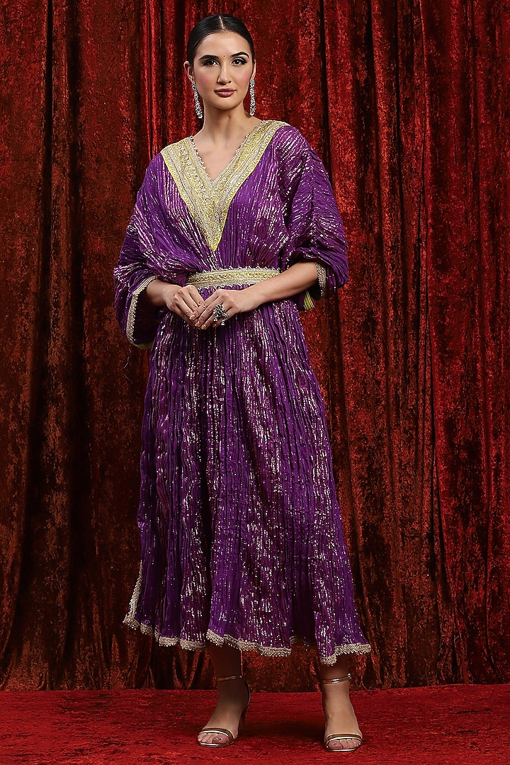 Purple & Lemon Green Lurex Cotton Badla Work Kaftan With Belt by Shikhar Sharma at Pernia's Pop Up Shop