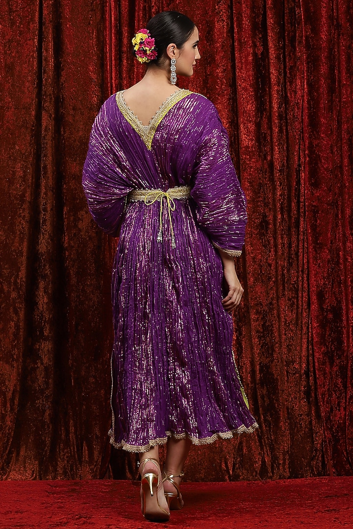 Purple & Lemon Green Lurex Cotton Badla Work Kaftan With Belt by Shikhar Sharma at Pernia's Pop Up Shop