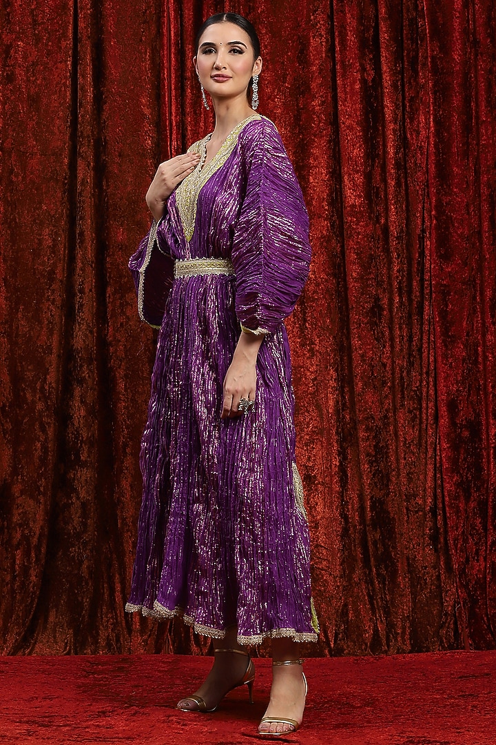 Purple & Lemon Green Lurex Cotton Badla Work Kaftan With Belt by Shikhar Sharma at Pernia's Pop Up Shop