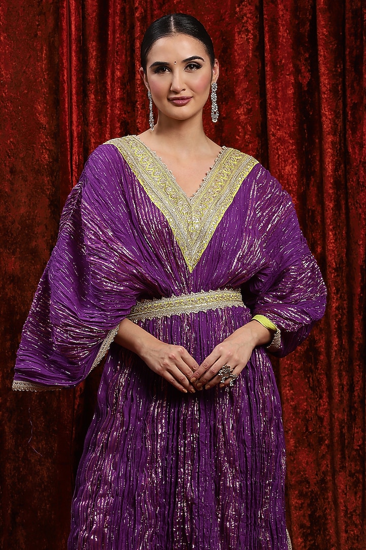 Purple & Lemon Green Lurex Cotton Badla Work Kaftan With Belt by Shikhar Sharma at Pernia's Pop Up Shop