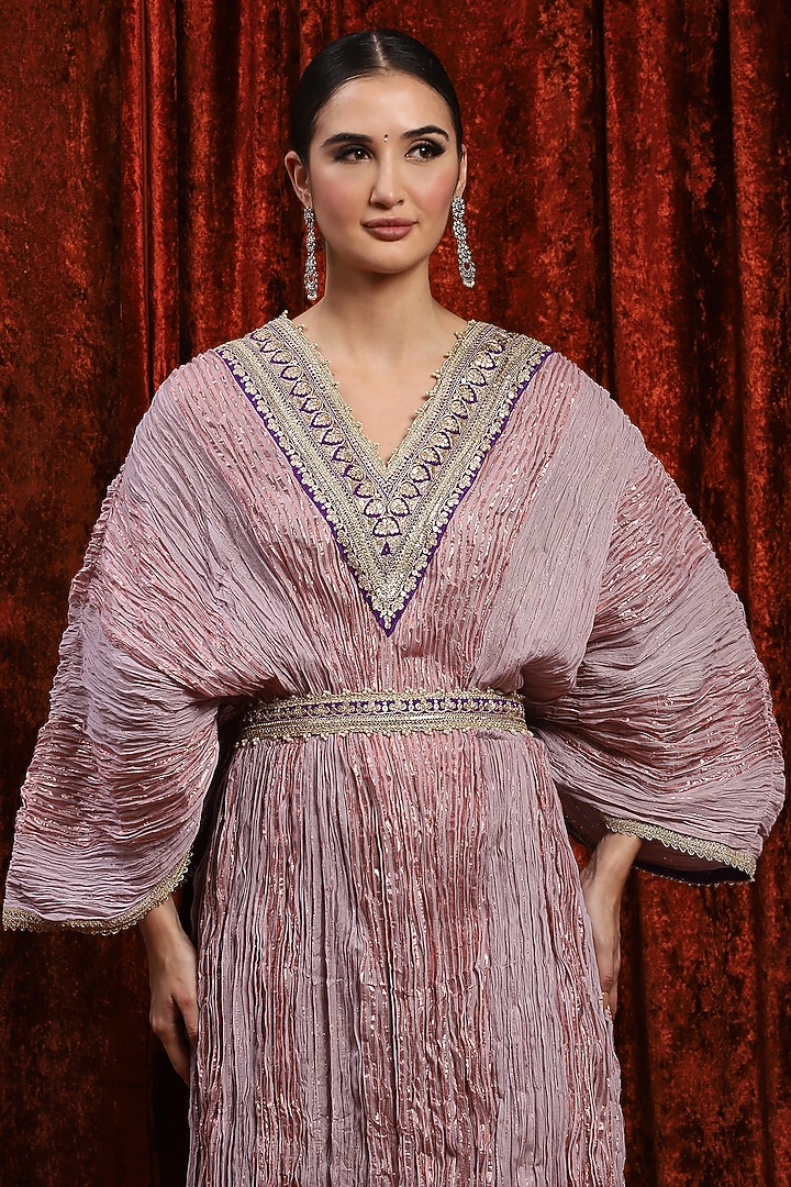 Lilac & Purple Lurex Cotton Badla Work Kaftan With Belt by Shikhar Sharma at Pernia's Pop Up Shop