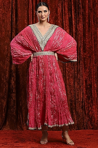 Punch Pink & Emerald green Lurex Cotton Badla Work Kaftan With Belt by Shikhar Sharma