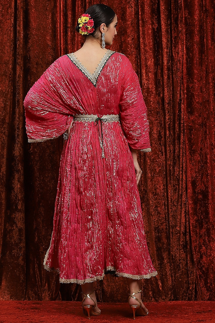 Punch Pink & Emerald green Lurex Cotton Badla Work Kaftan With Belt by Shikhar Sharma at Pernia's Pop Up Shop