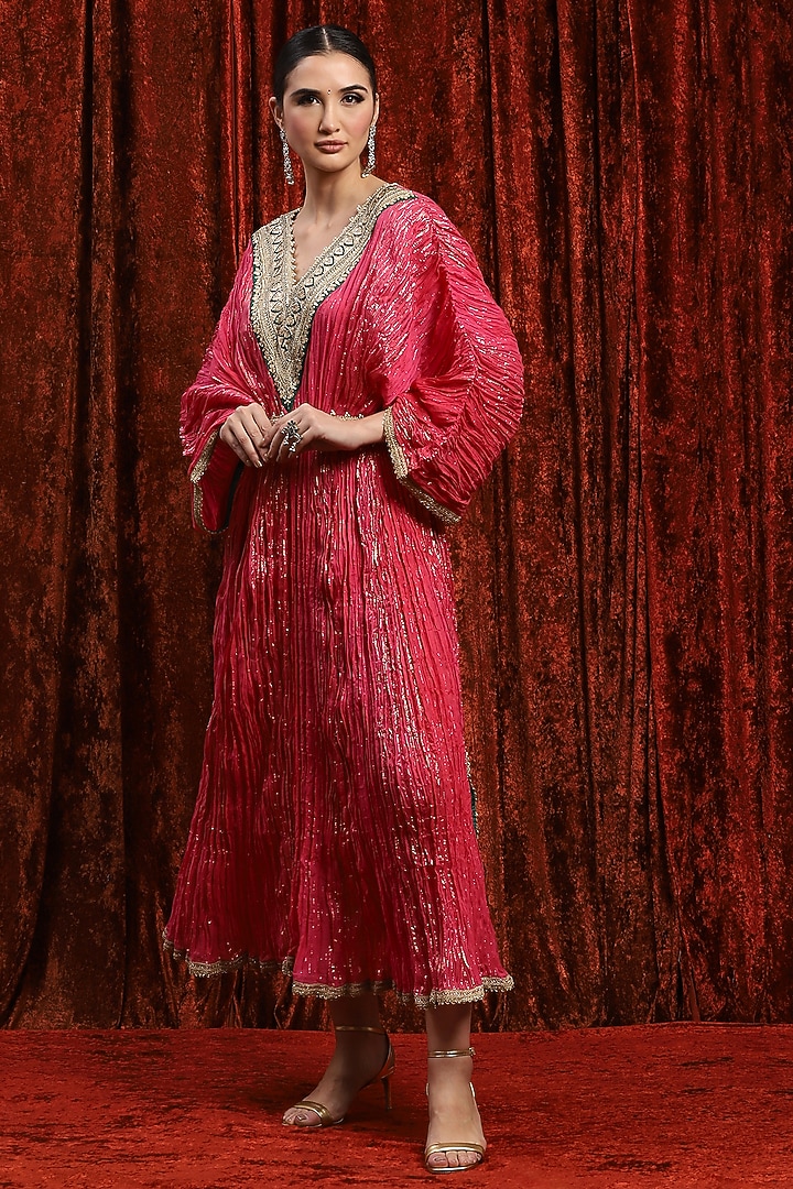 Punch Pink & Emerald green Lurex Cotton Badla Work Kaftan With Belt by Shikhar Sharma at Pernia's Pop Up Shop