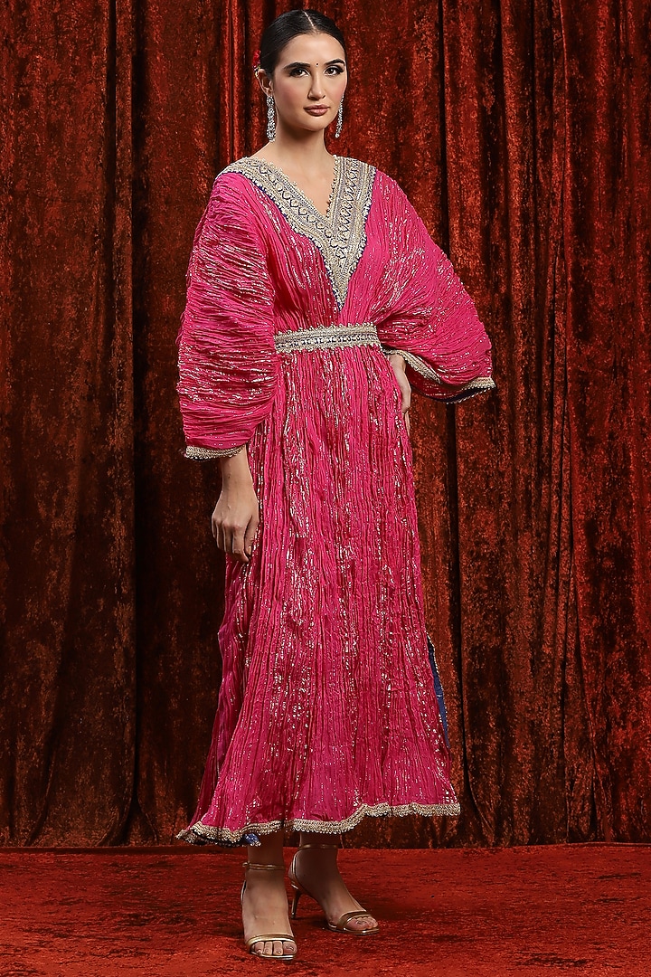 Rani Pink & Electric Blue Lurex Cotton Badla Work Kaftan With Belt by Shikhar Sharma at Pernia's Pop Up Shop