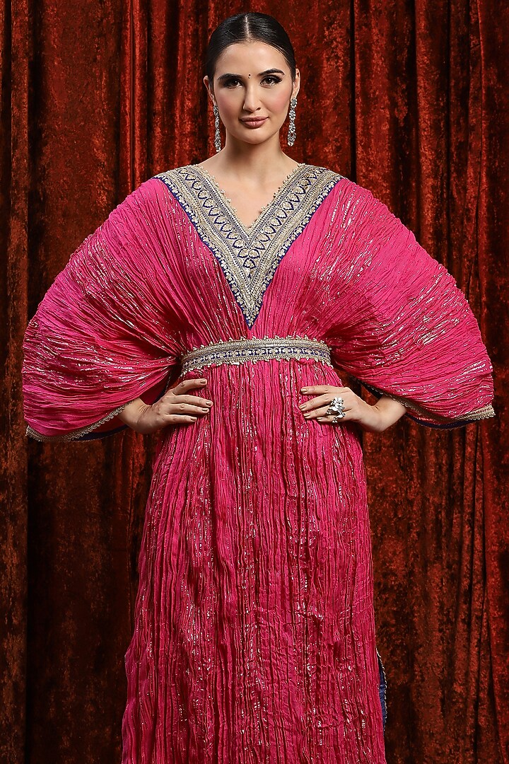 Rani Pink & Electric Blue Lurex Cotton Badla Work Kaftan With Belt by Shikhar Sharma at Pernia's Pop Up Shop