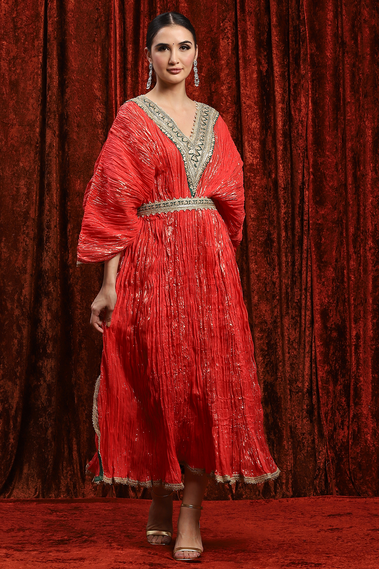 Watermelon Red & Emerald Green Lurex Cotton Badla Work Kaftan With Belt by Shikhar Sharma at Pernia's Pop Up Shop