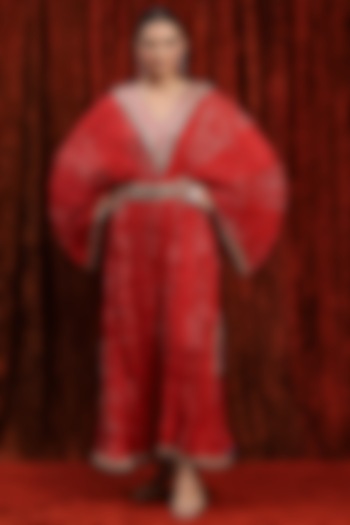 Red & Rani Pink Lurex Cotton Badla Work Kaftan With Belt by Shikhar Sharma at Pernia's Pop Up Shop