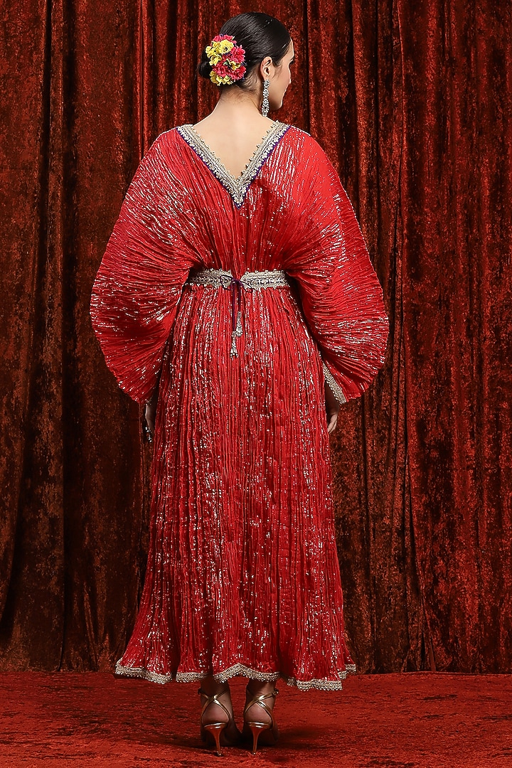 Red & Rani Pink Lurex Cotton Badla Work Kaftan With Belt by Shikhar Sharma at Pernia's Pop Up Shop
