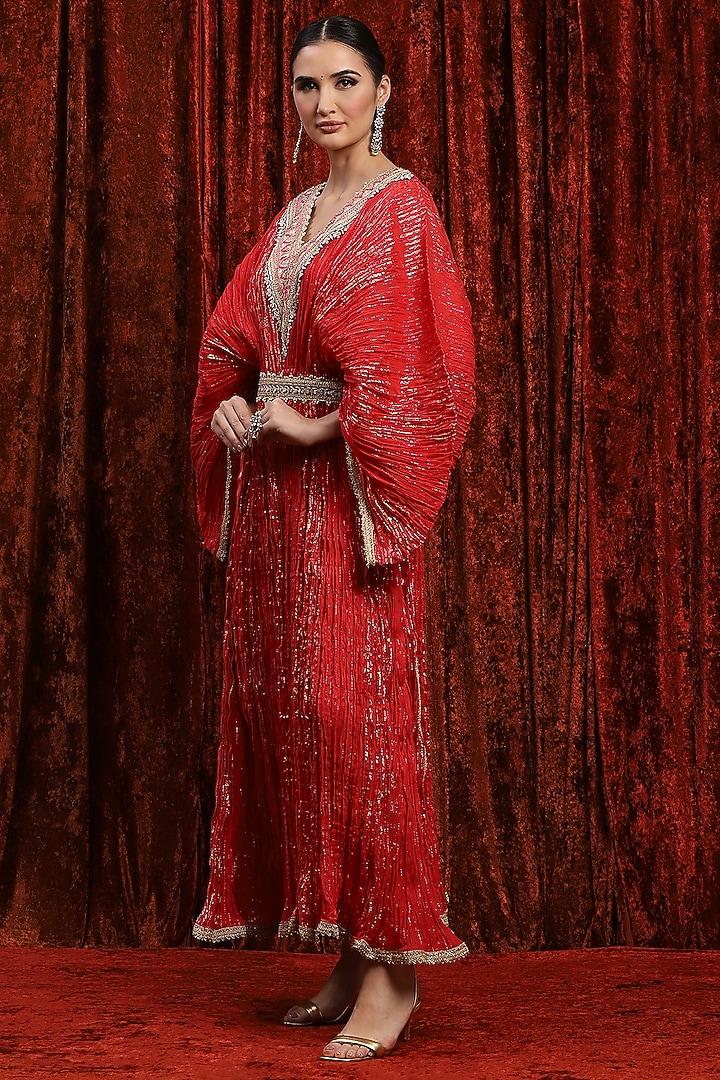 Red & Rani Pink Lurex Cotton Badla Work Kaftan With Belt by Shikhar Sharma at Pernia's Pop Up Shop