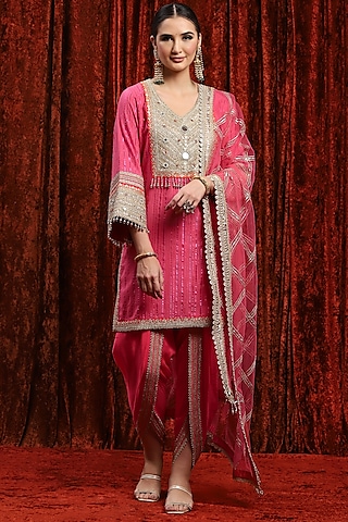 Pink & Orange Cotton Lurex Gota Work Kurta Set by Shikhar Sharma