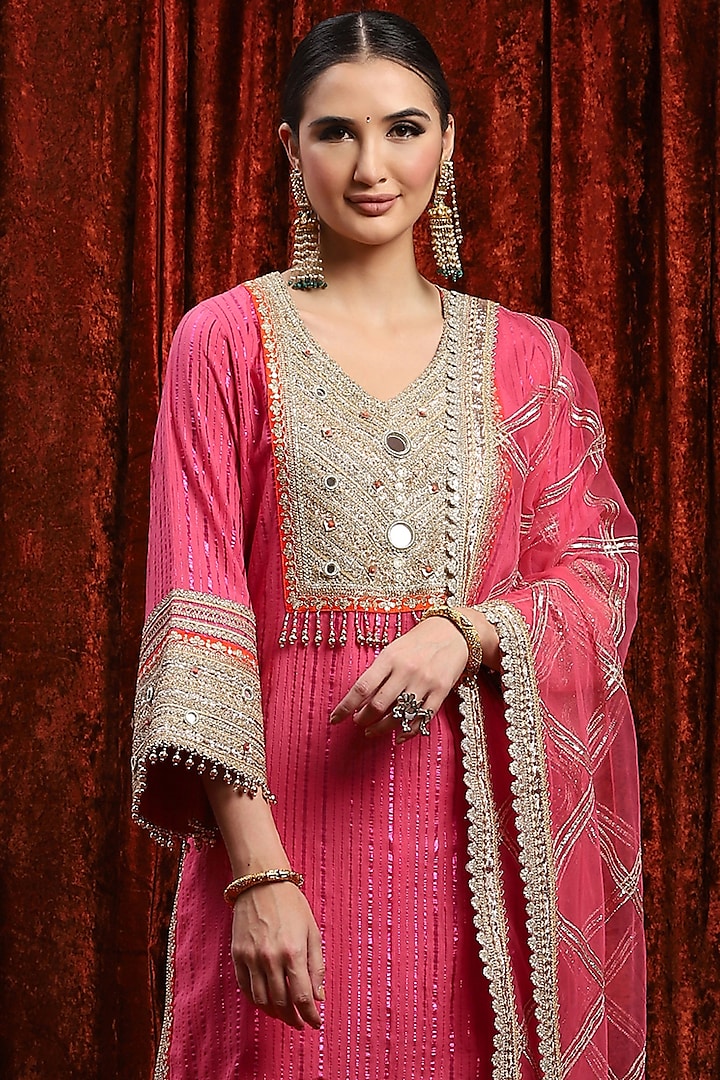 Pink & Orange Cotton Lurex Gota Work Kurta Set by Shikhar Sharma at Pernia's Pop Up Shop