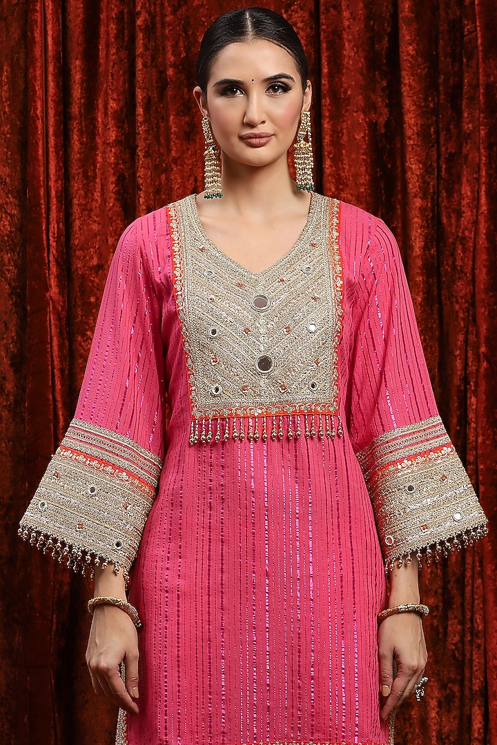 Pink & Orange Cotton Lurex Gota Work Kurta Set by Shikhar Sharma at Pernia's Pop Up Shop