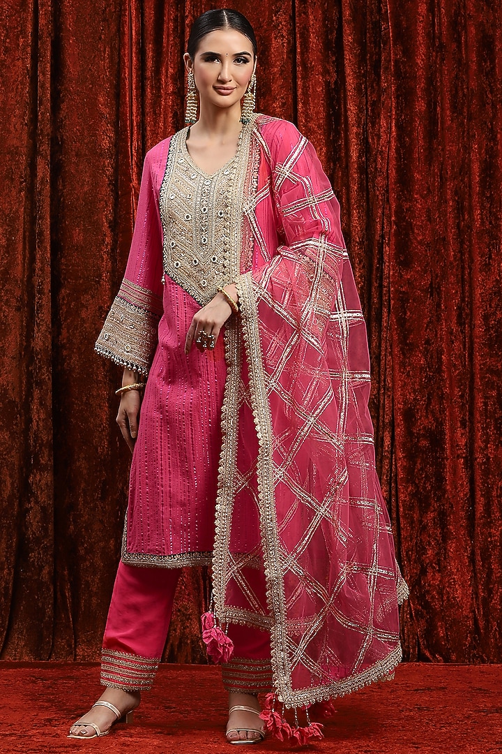 Pink & Green Cotton Lurex Gota Work Kurta Set by Shikhar Sharma at Pernia's Pop Up Shop