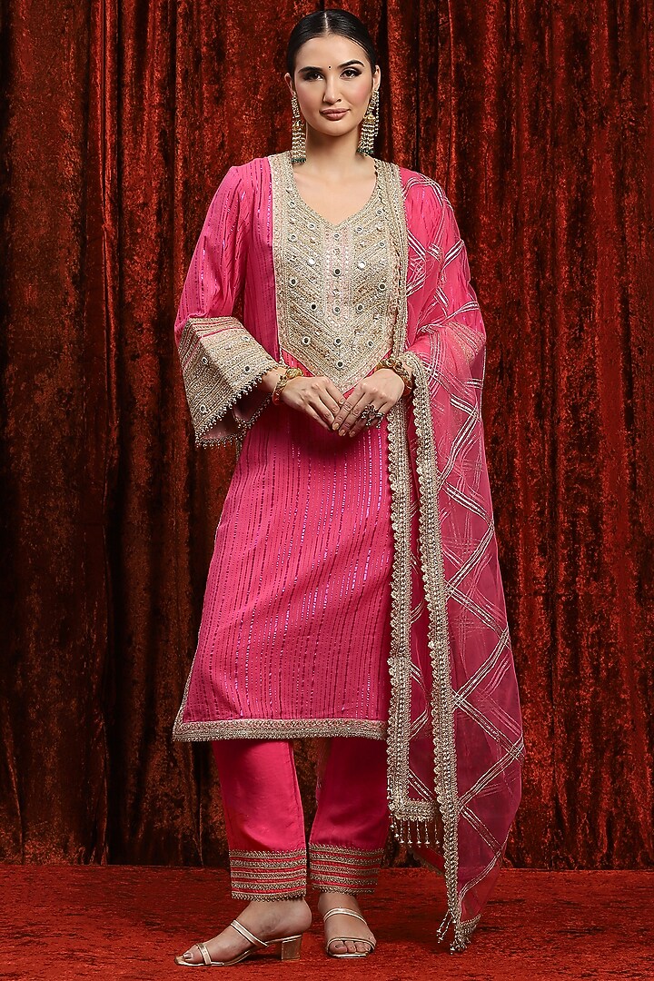 Pink Cotton Lurex Gota Work Kurta Set by Shikhar Sharma at Pernia's Pop Up Shop