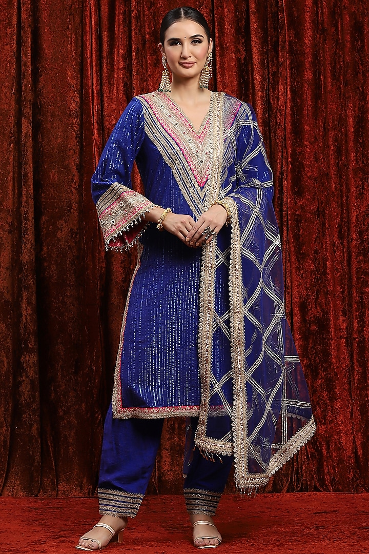 Electric Blue & Rani Cotton Lurex Gota Work Kurta Set by Shikhar Sharma at Pernia's Pop Up Shop