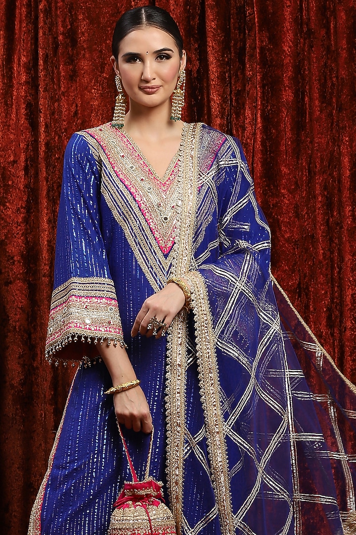 Electric Blue & Rani Cotton Lurex Gota Work Kurta Set by Shikhar Sharma at Pernia's Pop Up Shop