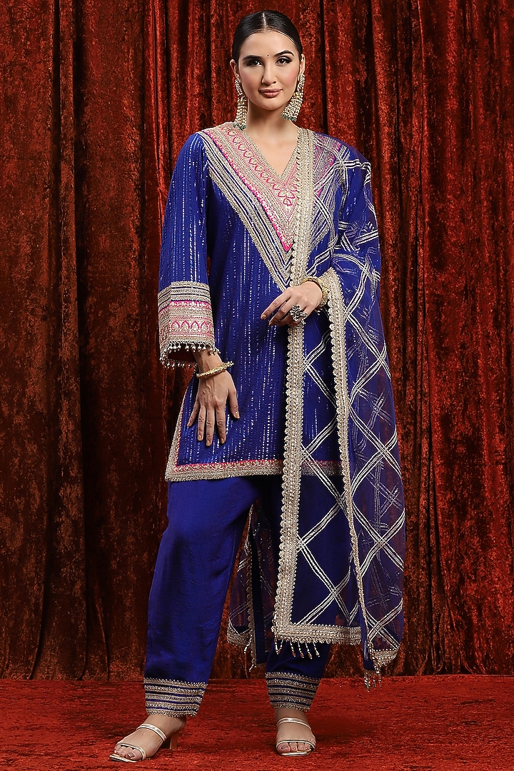Electric Blue & Rani Cotton Lurex Gota Work Kurta Set by Shikhar Sharma at Pernia's Pop Up Shop