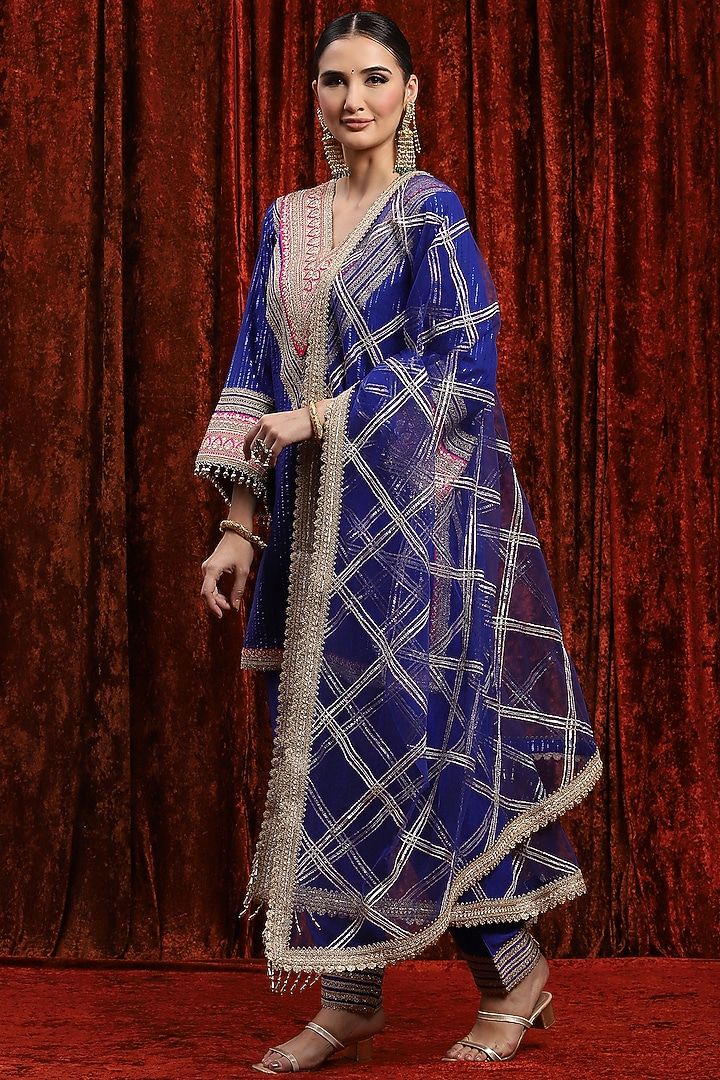 Electric Blue & Rani Cotton Lurex Gota Work Kurta Set by Shikhar Sharma at Pernia's Pop Up Shop