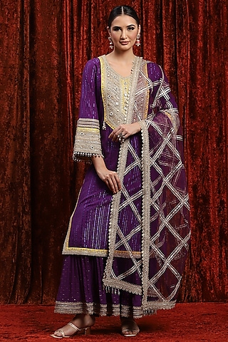 Purple & Lemon Yellow Cotton Lurex Gota Work Kurta Set by Shikhar Sharma