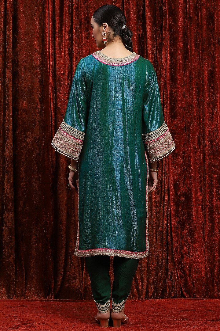 Dark Green & Rani Pink Cotton Lurex Gota Work Kurta Set by Shikhar Sharma at Pernia's Pop Up Shop