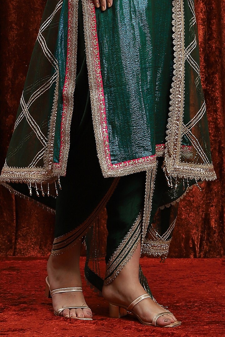Dark Green & Rani Pink Cotton Lurex Gota Work Kurta Set by Shikhar Sharma at Pernia's Pop Up Shop