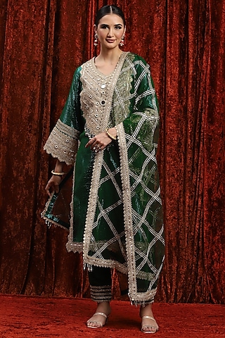 Dark Green Cotton Lurex Gota Work Kurta Set by Shikhar Sharma