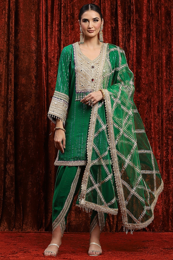 Dark Green & Purple Cotton Lurex Gota Work Kurta Set by Shikhar Sharma at Pernia's Pop Up Shop
