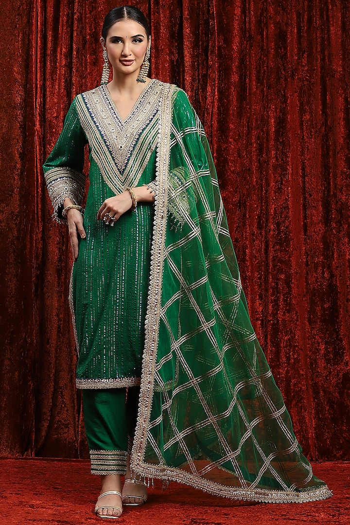 Green & Blue Cotton Lurex Gota Work Kurta Set by Shikhar Sharma