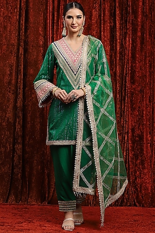 Green Cotton Lurex Gota Work Kurta Set by Shikhar Sharma