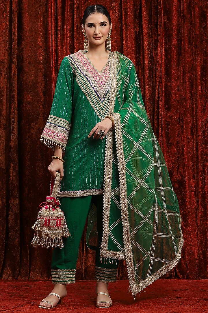 Green Cotton Lurex Gota Work Kurta Set by Shikhar Sharma at Pernia's Pop Up Shop
