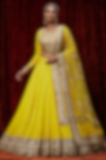 Lemon Yellow Cotton Chanderi Gota Embroidered Wedding Lehenga Set by Shikhar Sharma at Pernia's Pop Up Shop