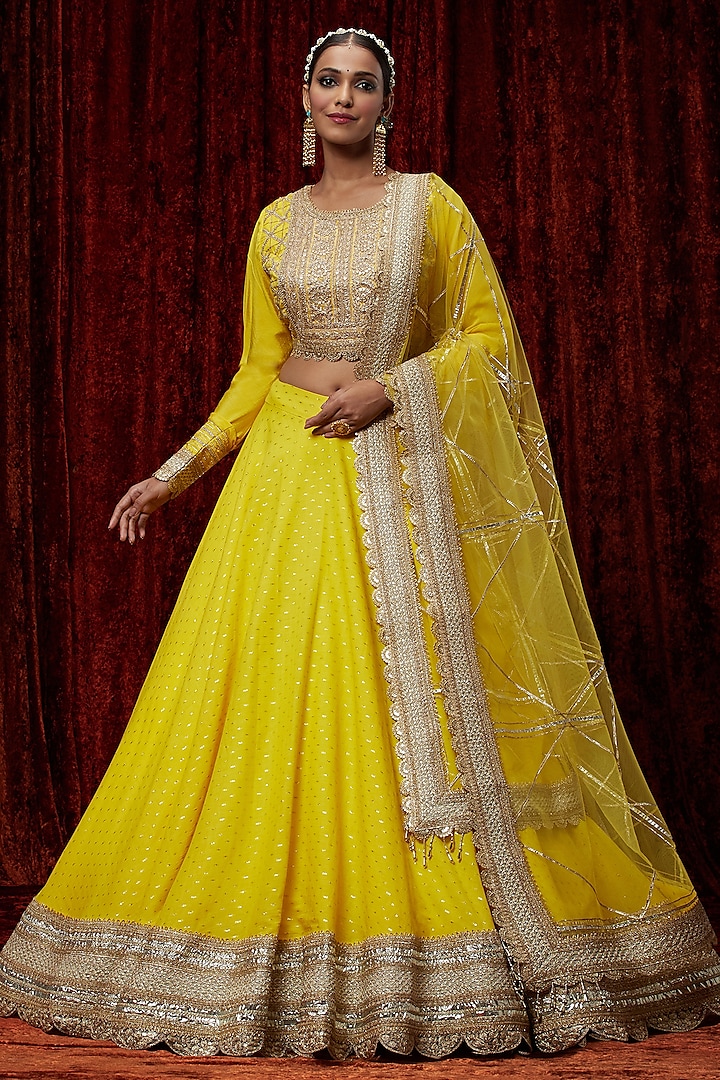 Lemon Yellow Cotton Chanderi Gota Embroidered Wedding Lehenga Set by Shikhar Sharma at Pernia's Pop Up Shop