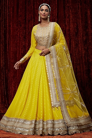 Lemon Yellow Cotton Chanderi Gota Embroidered Lehenga Set by Shikhar Sharma
