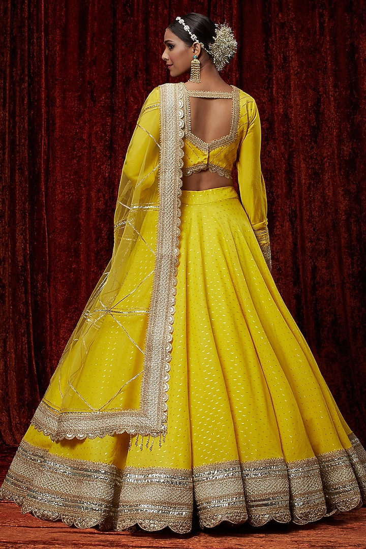 Lemon Yellow Cotton Chanderi Gota Embroidered Wedding Lehenga Set by Shikhar Sharma at Pernia's Pop Up Shop
