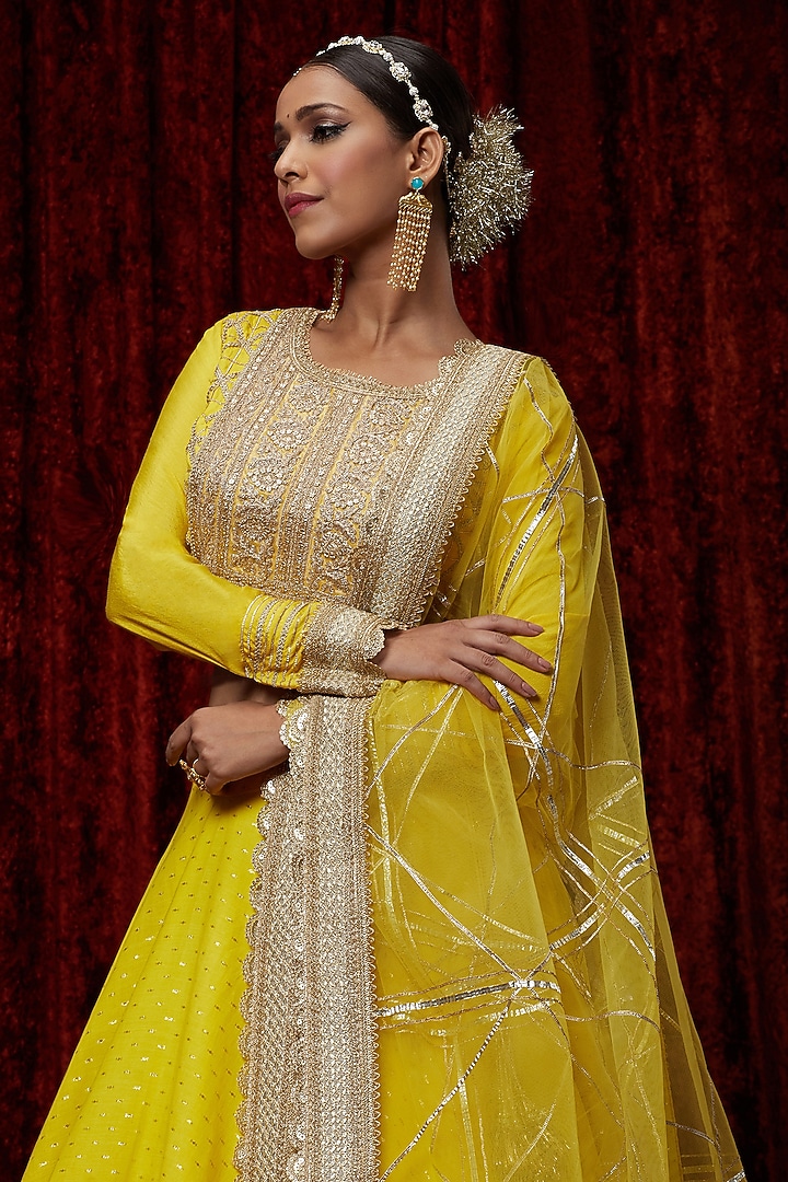 Lemon Yellow Cotton Chanderi Gota Embroidered Wedding Lehenga Set by Shikhar Sharma at Pernia's Pop Up Shop